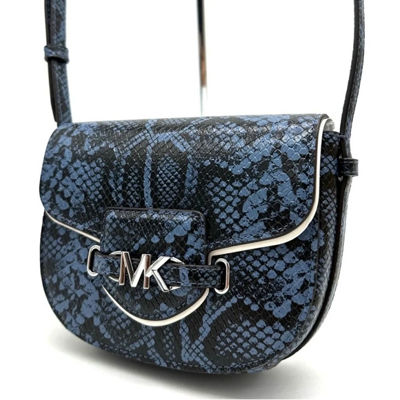 Michael Kors Small Reed Leather Saddle Crossbody Bag Snakeskin Denim - Picture 3 of 11